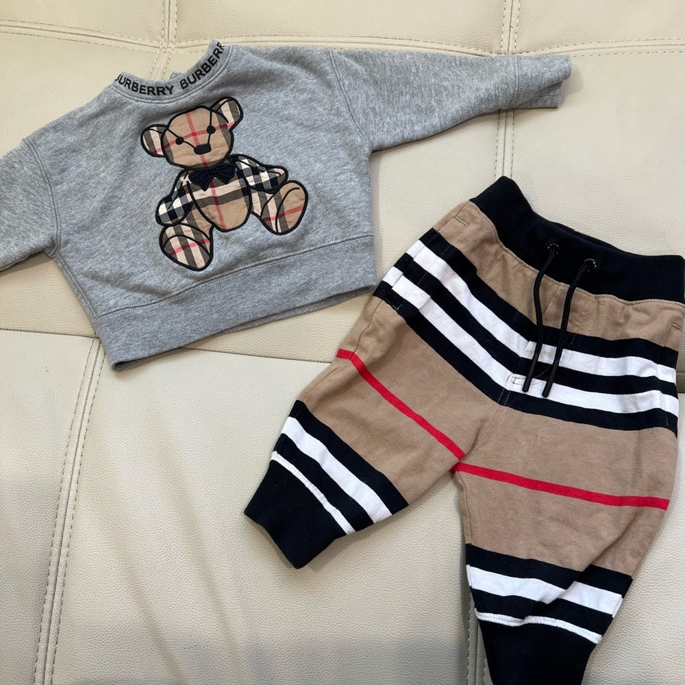 Burberry sweater and jogger pants for baby.